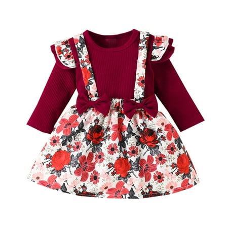 

Atogsazn Toddler Baby Girl Cotton Clothes Infant Kids Ruffle Cute Print Top With Straps Dress and Headband Set 3-6 Months Wine on Clearance