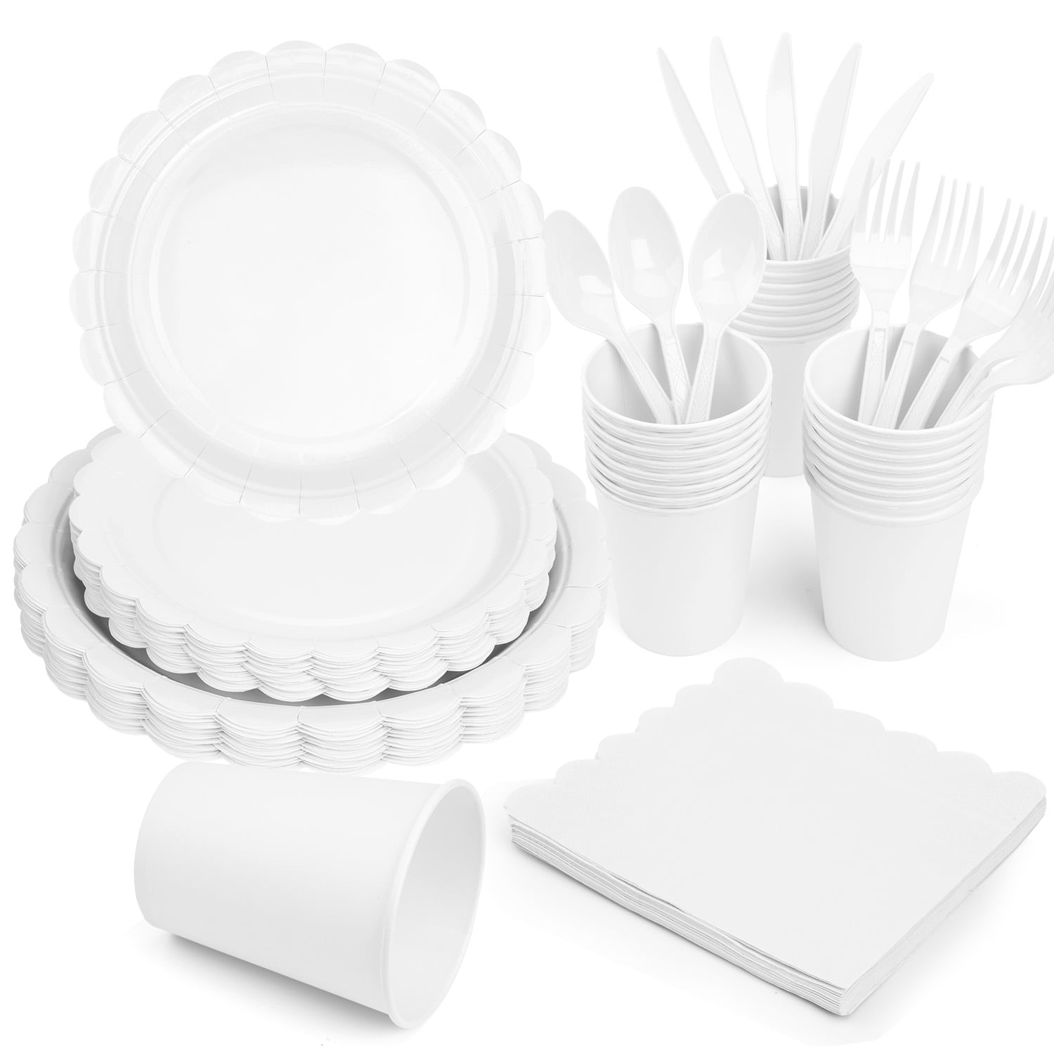 Inadays 175Pcs Disposable Party Supplies Includes Cream White Paper Plates Cup Napkins Forks Spoons Knives, Dinnerware Set for Garden Party Birthday BBQ Baby Shower Wedding, Serve 25 Guests
