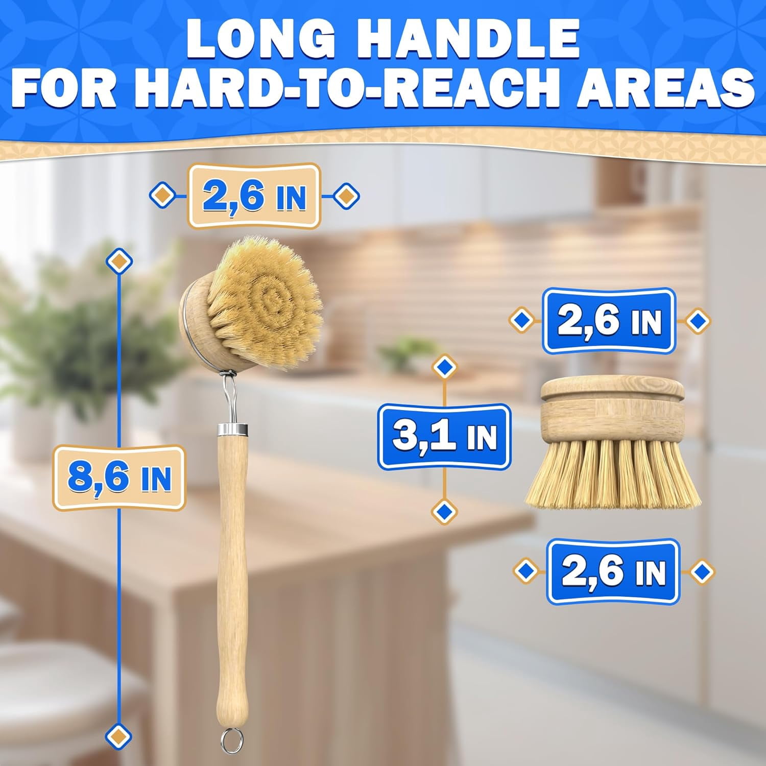 5 Pcs Bamboo Dish Brush Set – Scrubber with Soft & Stiff Non-Scratch Bristles Ergonomic Handle Replacement Head Included Lightweight Kitchen for Pots Bottles Vegetables