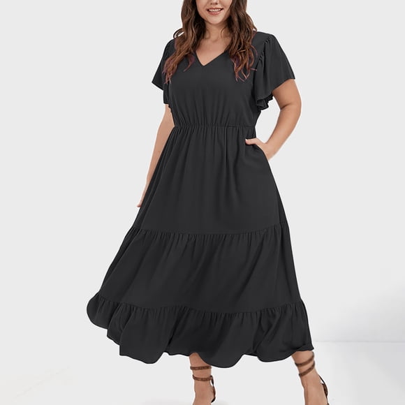 zanvin Plus Size Summer Dresses for Women Boho Floral Maxi Long Dress V-Neck Short Sleeve Beach Dresses for Party Casual Holiday Item,Black