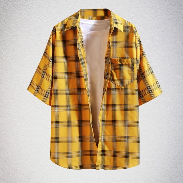 Blusa y camisa de manga larga con cuello vuelto para hombre, informal, de manga corta, con bolsillo, a la moda, a cuadros, con solapa, blusa de poliéster para hombre