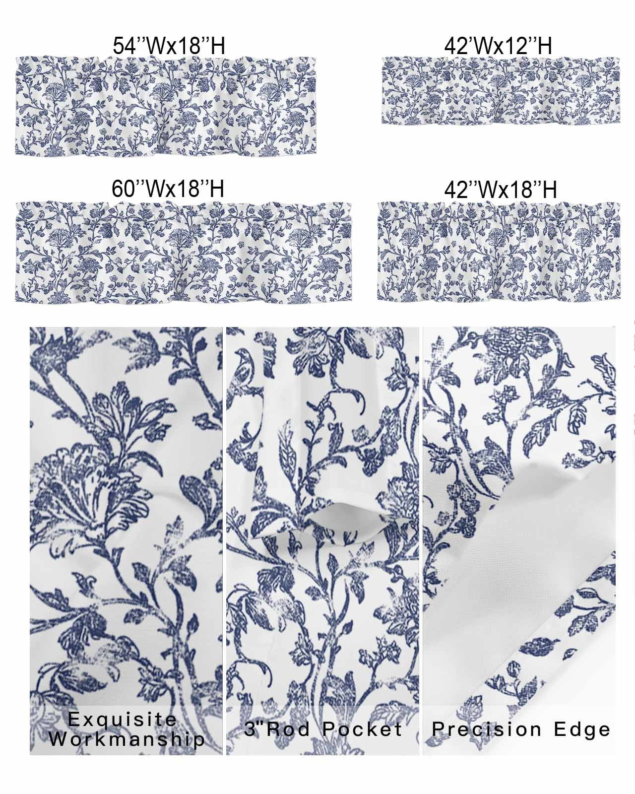 Watercolor Dark Blue Flower Curtain Valances for Kitchen Windows,Rod Pocket Short Valance Retro Pastoral Floral Texture Window Treatment for Living Room Bathroom Bedroom,42" x 12"-1 Panel