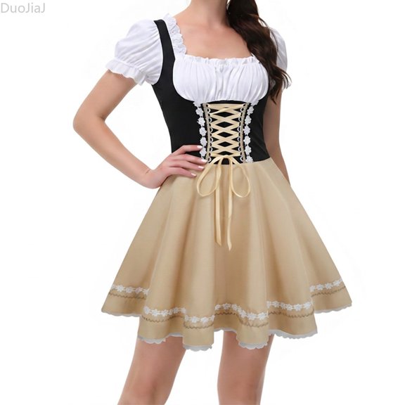 DuoJiaJ Womens Dirndl Dress, Short Sleeve Wrap Corset Bavarian Oktoberfest Party Gown Beige L