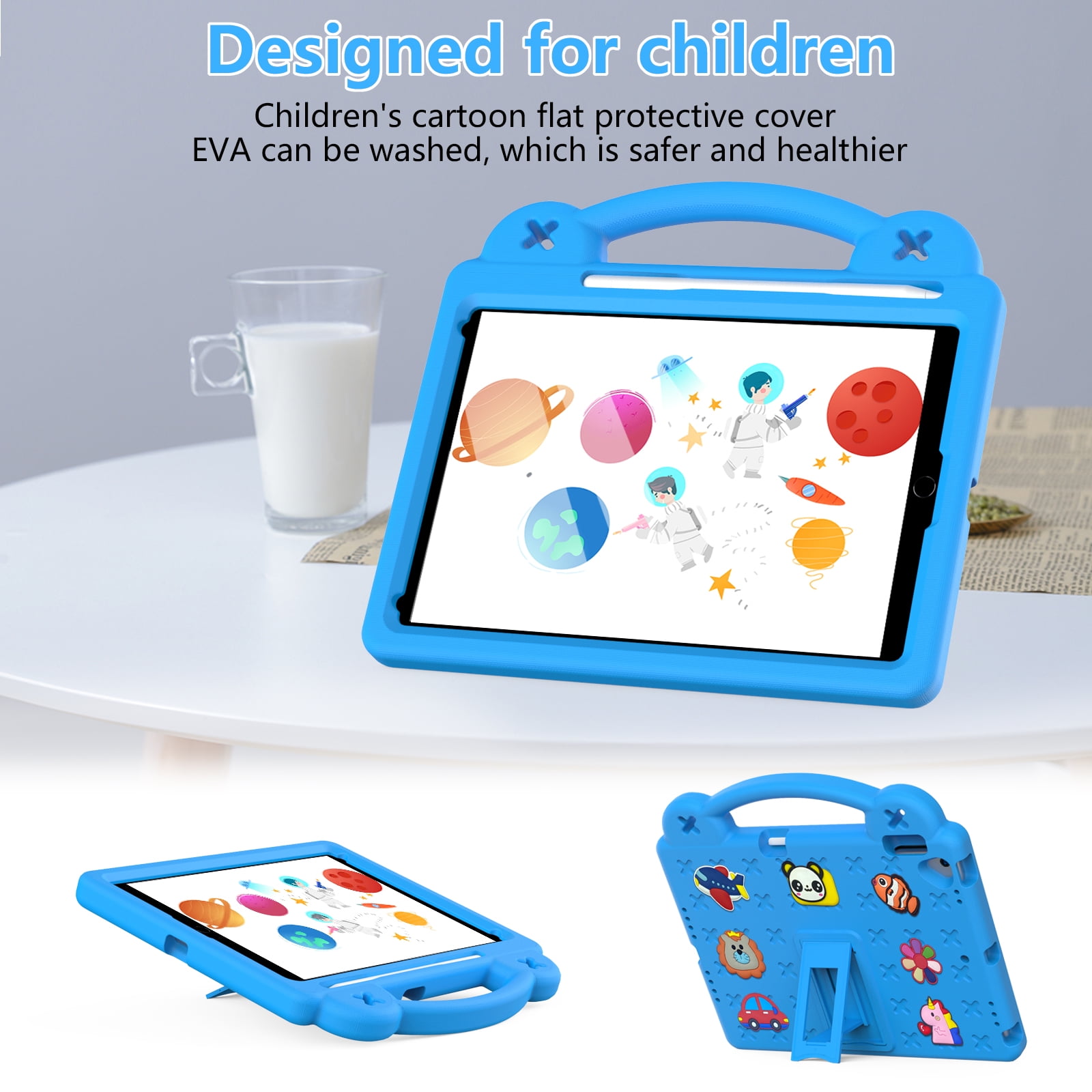 ELEHOLD Kids Case for iPad 9th/8th/7th Gen (2021/2020/2019)10.2 inch, EVA Foam Cute Cartoon Case with Built-in Kickstand Pencil Holder Shockproof Portable Case for iPad 10.2",Skyblue