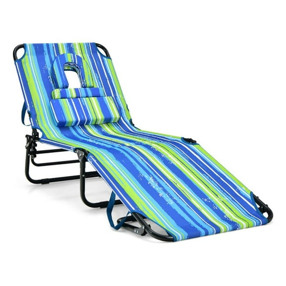 Beach Lounge Chair with Face Hole - Adjustable Sunbathing Chair with Pillow - 350lbs Capacity - Portable Folding Beach Chair for Patio, Pool, Backyard