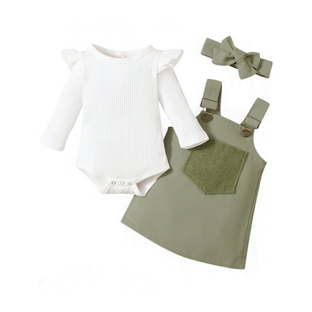 

CenturyX Kids Baby Girls Autumn Outfits Set Ribbed Flying Long Sleeves Romper Suspender Skirt Headband Dress Green 3-6 Months