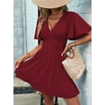 thumbnail image 2 of Women V Neck Mini Dress Summer Ruffle Sleeves A Line Elastic High Waist Flowy Swing Dresses Wine Red L, 2 of 7