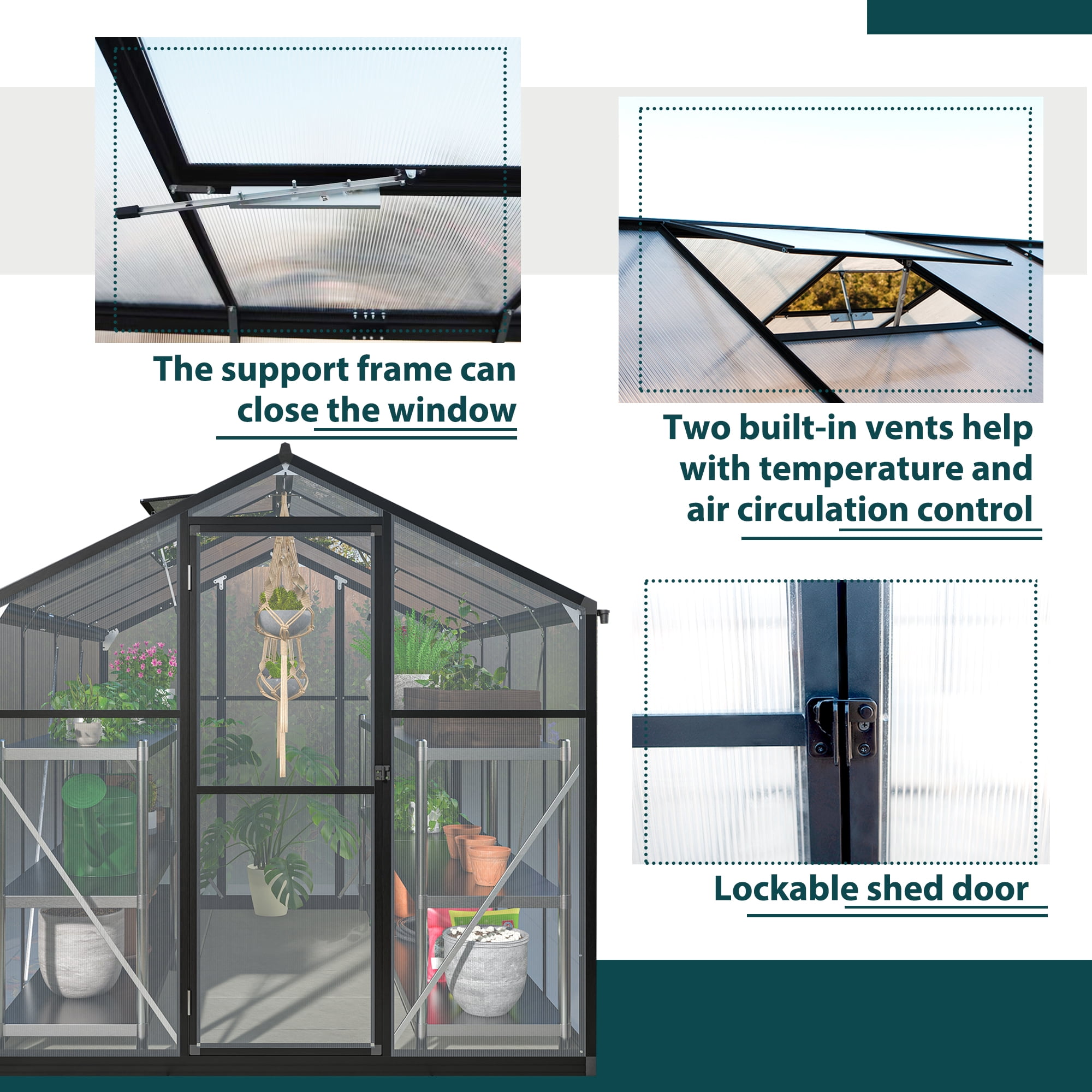 Jaxilyn 6' x 8' Greenhouse for Outdoors, Walk-in Polycarbonate Greenhouse with Quick Setup Structure and Roof Vent, Aluminum Large Greenhouse for Outside Garden Backyard