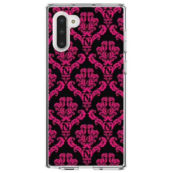 DistinctInk Clear Shockproof Hybrid Case for Samsung Galaxy Note 10 (6.3" Screen) - TPU Bumper, Acrylic Back, Tempered Glass Screen Protector - Black Hot Pink Damask Pattern - Floral Damask Pattern
