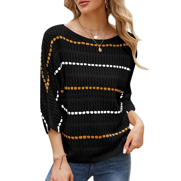 Camiseta mujer Irfora Suéteres de punto para mujer Suéteres de punto informales bohemios de manga 3/4 ahuecados a rayas Irfora Camiseta mujer
