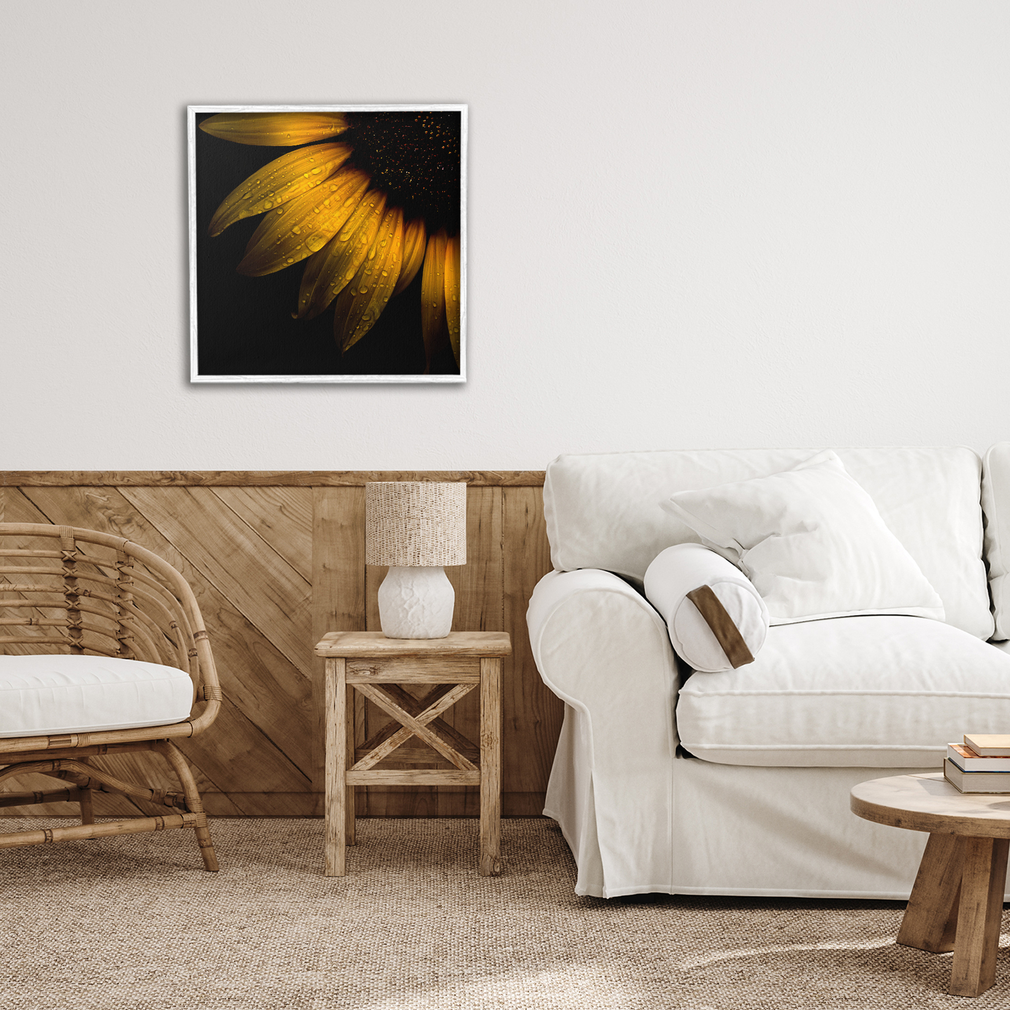 Sunflower Detail with Droplets White Framed Giclee Art, design by Brian Carson Photography