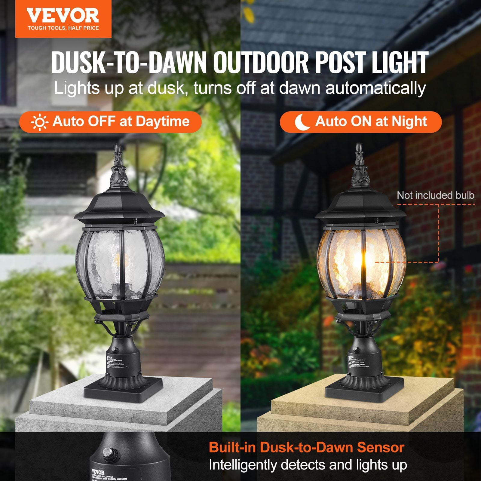 2 Pack Dusk to Dawn Outdoor Post Light 20.87 Inch Waterproof Lamp Post Fixture with 5.5 Inch Pier Mount Base Glass Shade Lightning Proof Exterior Pole Column Light for Patio Garden Pathway