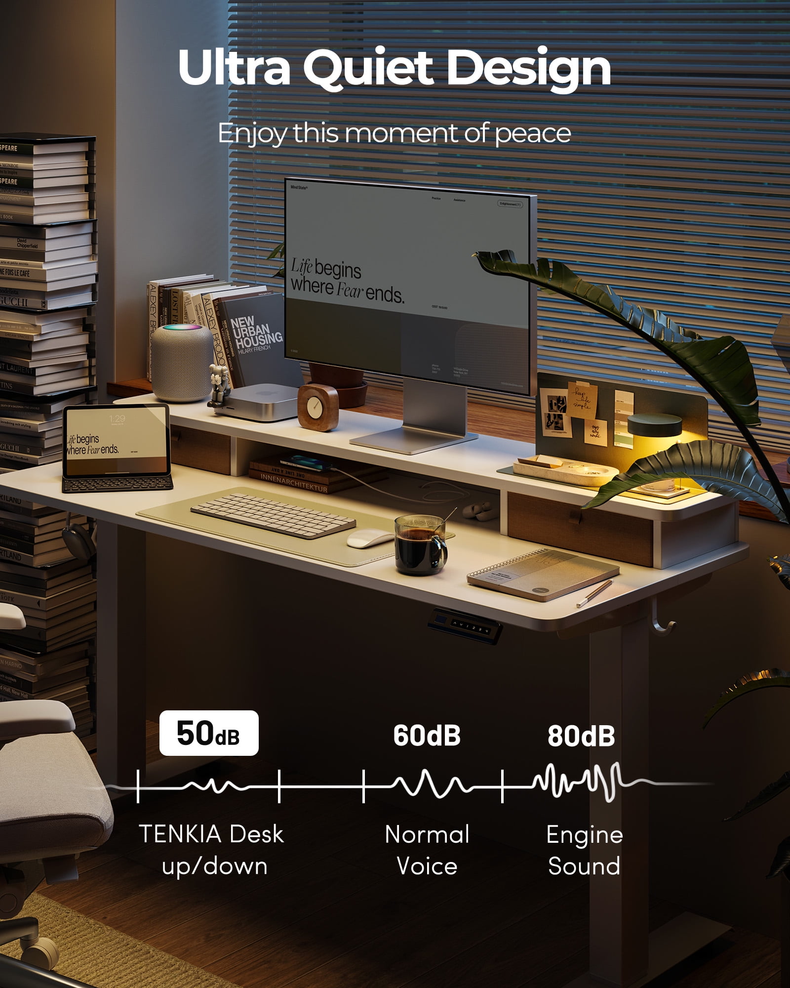 DESINO 63" x 28" Height Adjustable Electric Standing Desk with Double Drawers, Stand Up Desk with Storage Shelf, Home Office Desk Workstation with Splice Board, White