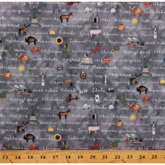 Cotton State Names United States Animals Flowers Cross Country Gray Cotton Fabric Print by the Yard (DDC9806-Gray-D)