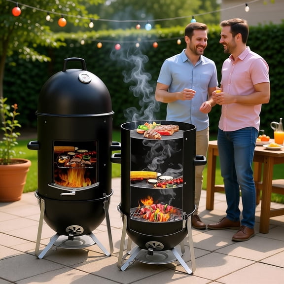Vertical Steel Charcoal Smoker Heavy Duty 3Layer Round BBQ Grill Smokey Mountain Cooker 46.8in Height 28.2lb 16.7/13.6in Grates Air Vents Ash Pan for Outdoor Backyard Party Tailgating Camping