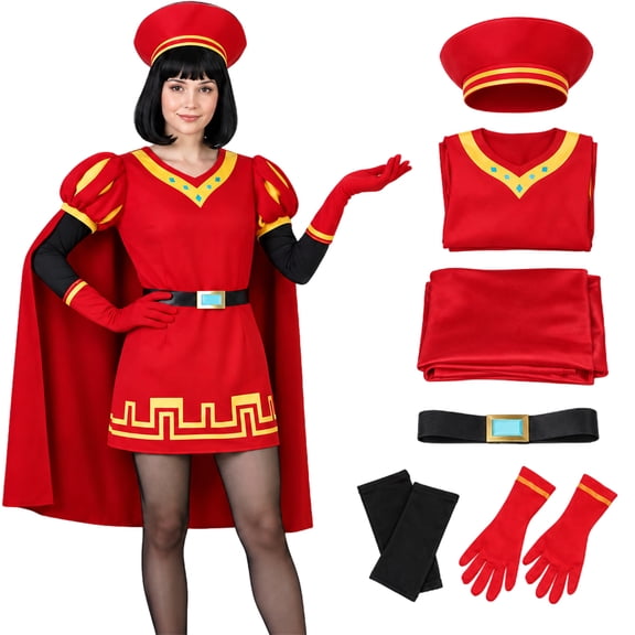 Red Anime Character Dress Costume for Women, Full Set with Hat Cape Belt Arm Guards and Gloves, Halloween Cosplay Outfit