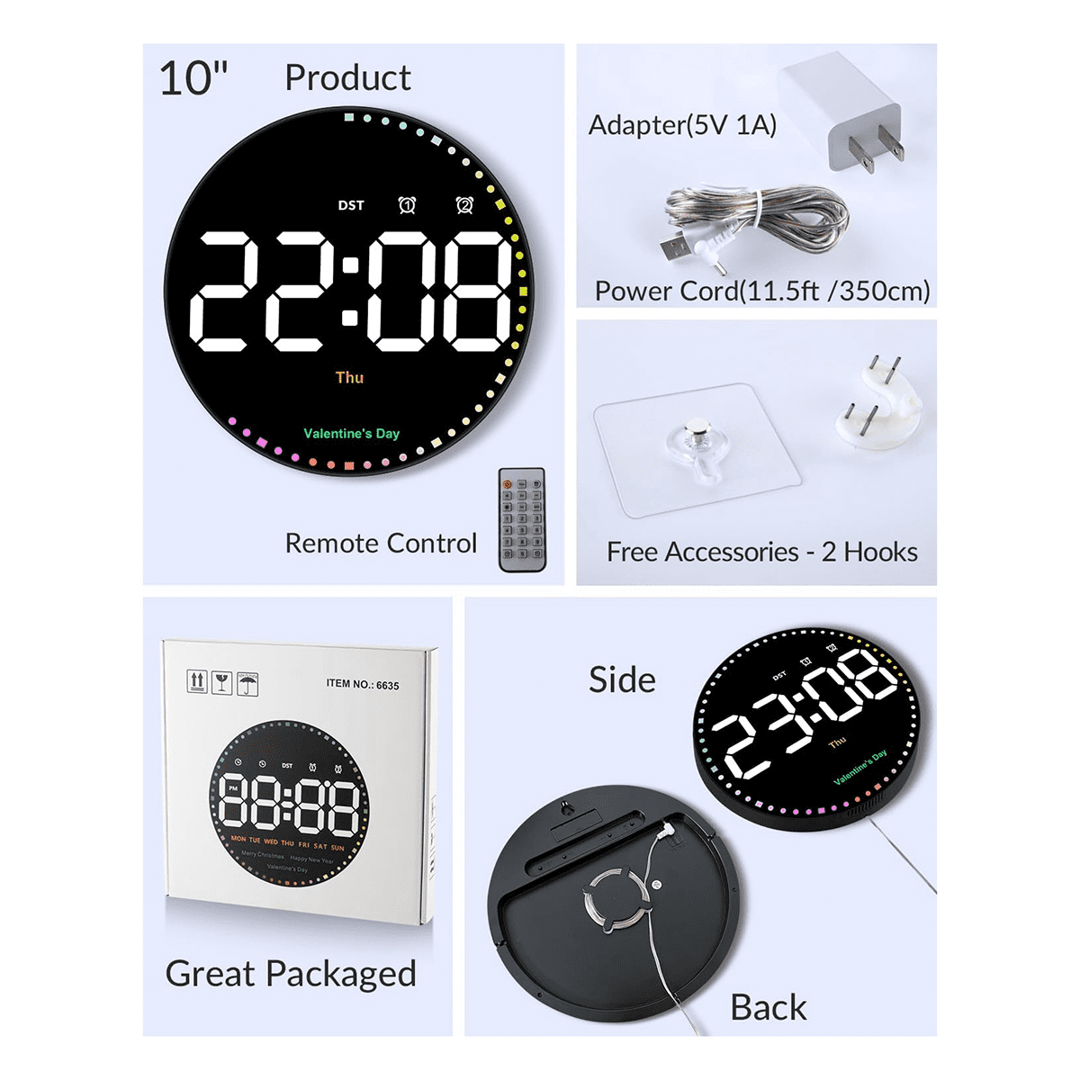 Digital Wall Clock with Colorful Light,10Inch LED Digital Clock with Remote,Time Alarm Clock for Living Room  Gym