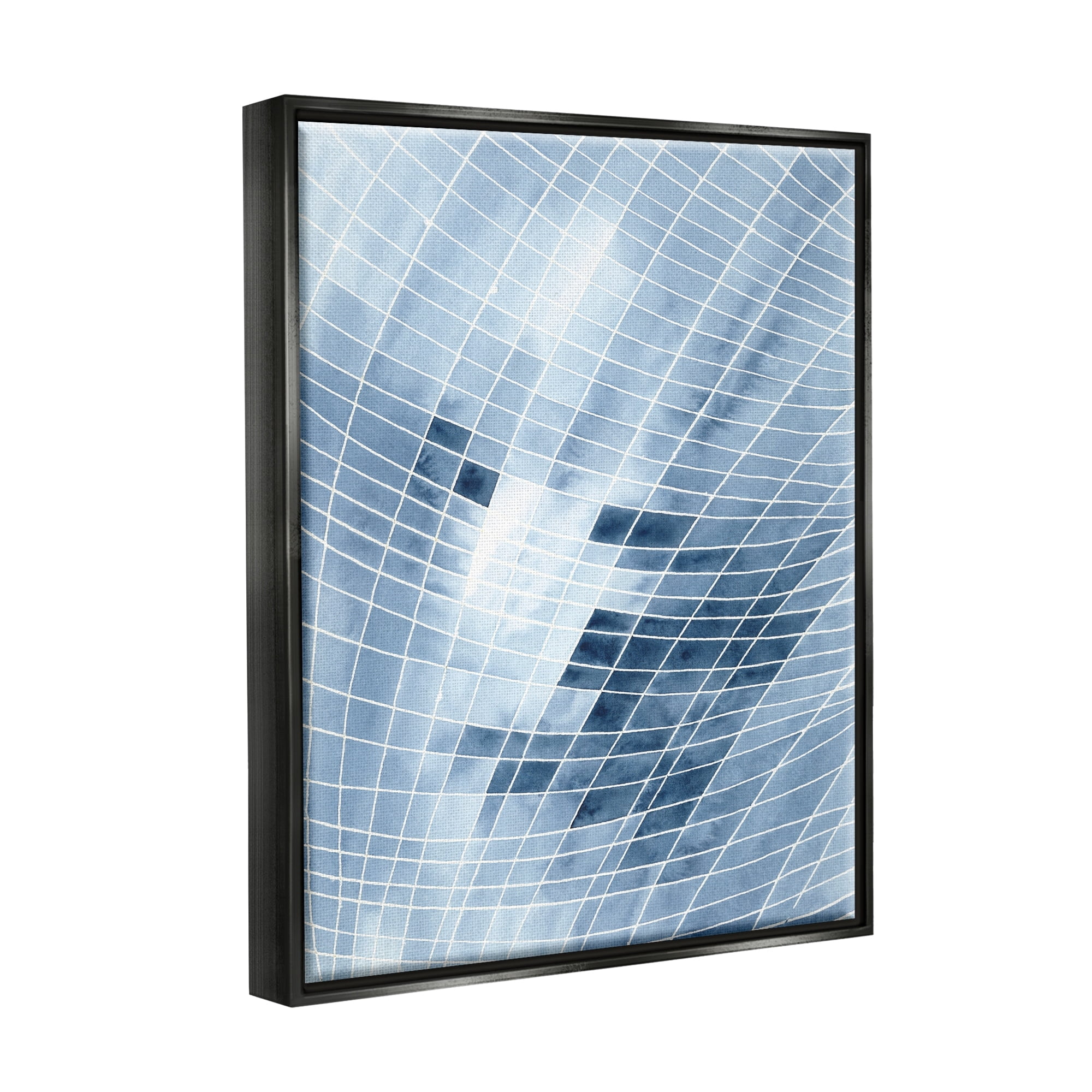 Stupell Industries Modern Warped Blue Square Shapes White Lines Painting Jet Black Floating Framed Canvas Print Wall Art, Design by Regina Moore