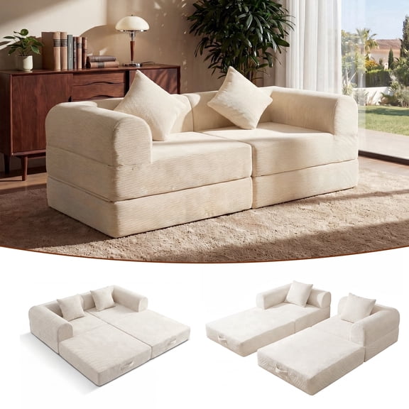 ELEKA 74.8" Convertible Sleeper Sofa Bed,Folding Floor Mattress Couch,Sectional Couches for Living Room ,No Assembly Required ，Beige