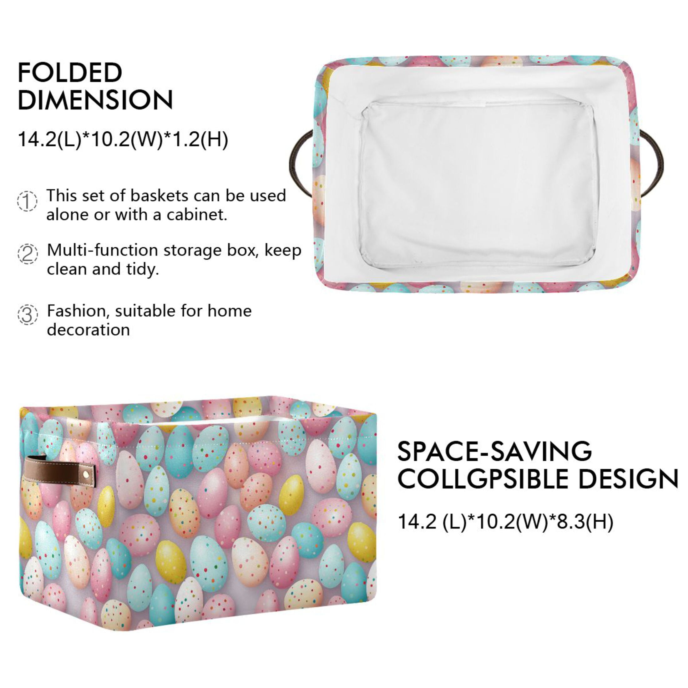 Easter Eggs with Colorful Dots Storage Bins with Handle Fabric Organizer Basket Foldable Box 2 Pack 14.2x10.2x8.3