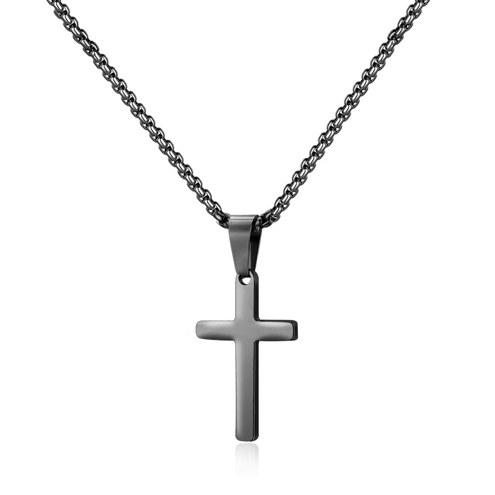 TINGN Cross Necklace for Boys Youth Mens Black Steel Plain Cross