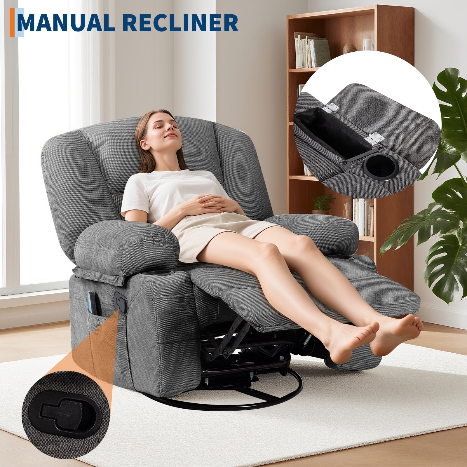 Massage Recliner Chair with Vibration & Heat - 360° Swivel Rocking Recliner, Cup Holders, Side Pockets, 350 lbs Support - Ideal for Living Room, Bedroom, Home Theater