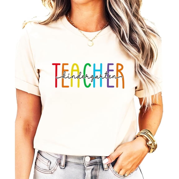 Kindergarten Teacher Shirt for Women Cute Rainbow Back to School Teacher Appreciation Graphic Tee Natural Shirt Adult Large