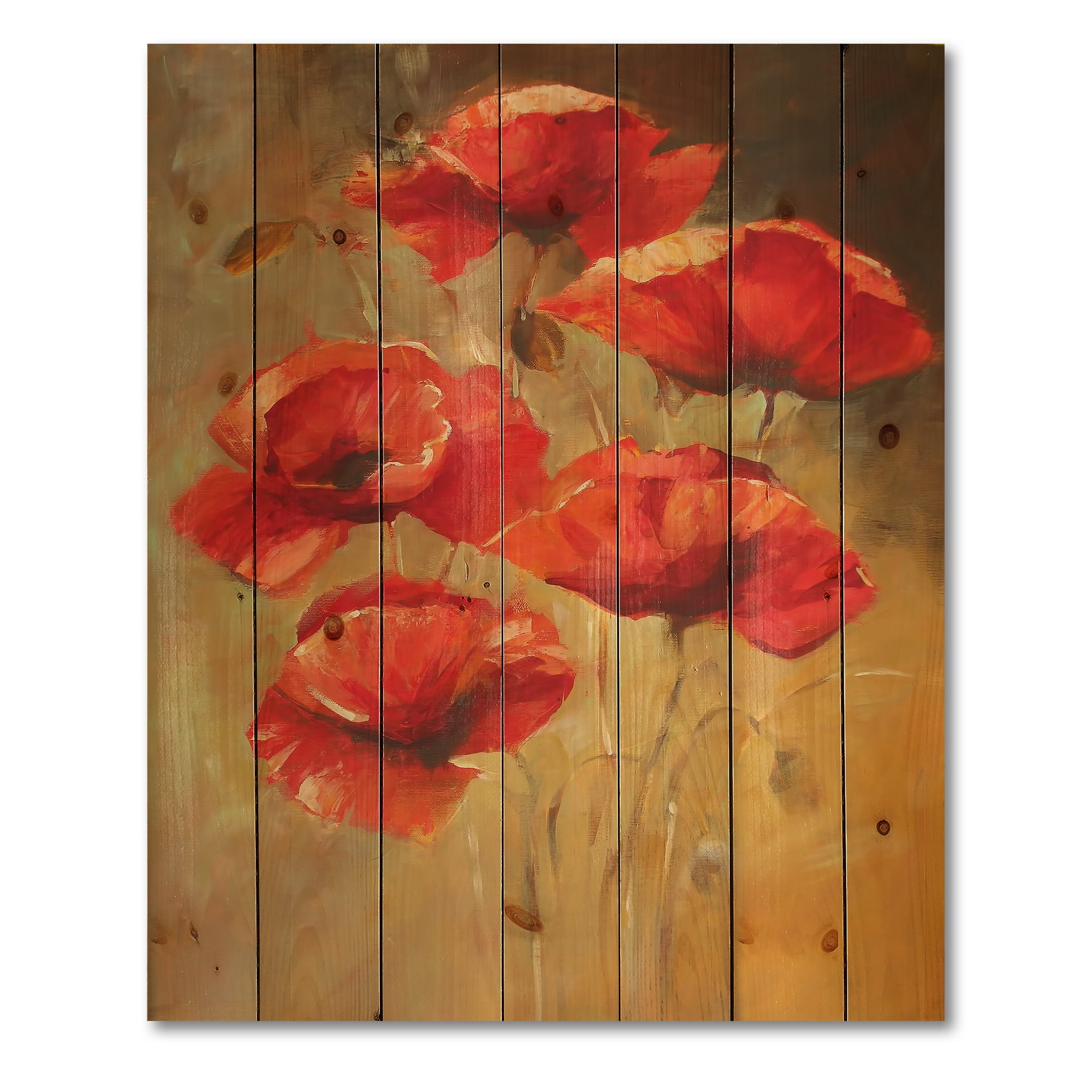 Designart 'Ancient Blooming Poppies II' Traditional Print on Natural Pine Wood