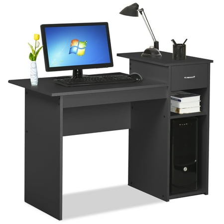 Small Spaces Home Office Black Computer Desk with Drawer and 2 Tiered Storage Shelves (Best Desks For Small Spaces)