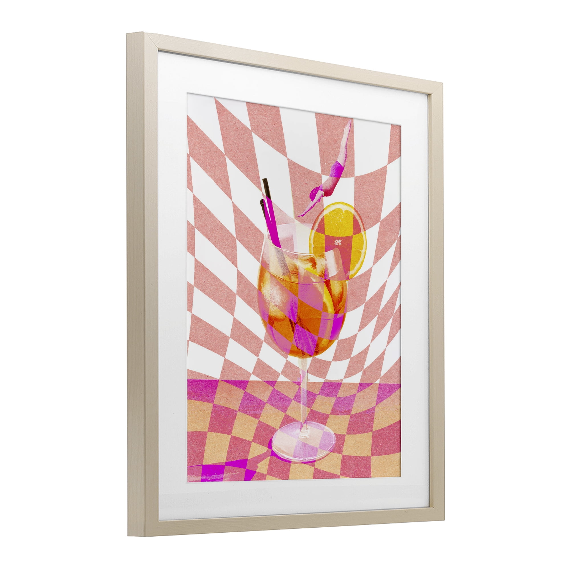Retro Checkered Summer Cocktail Birch Framed Print Under Glass, design by Lil' Rue