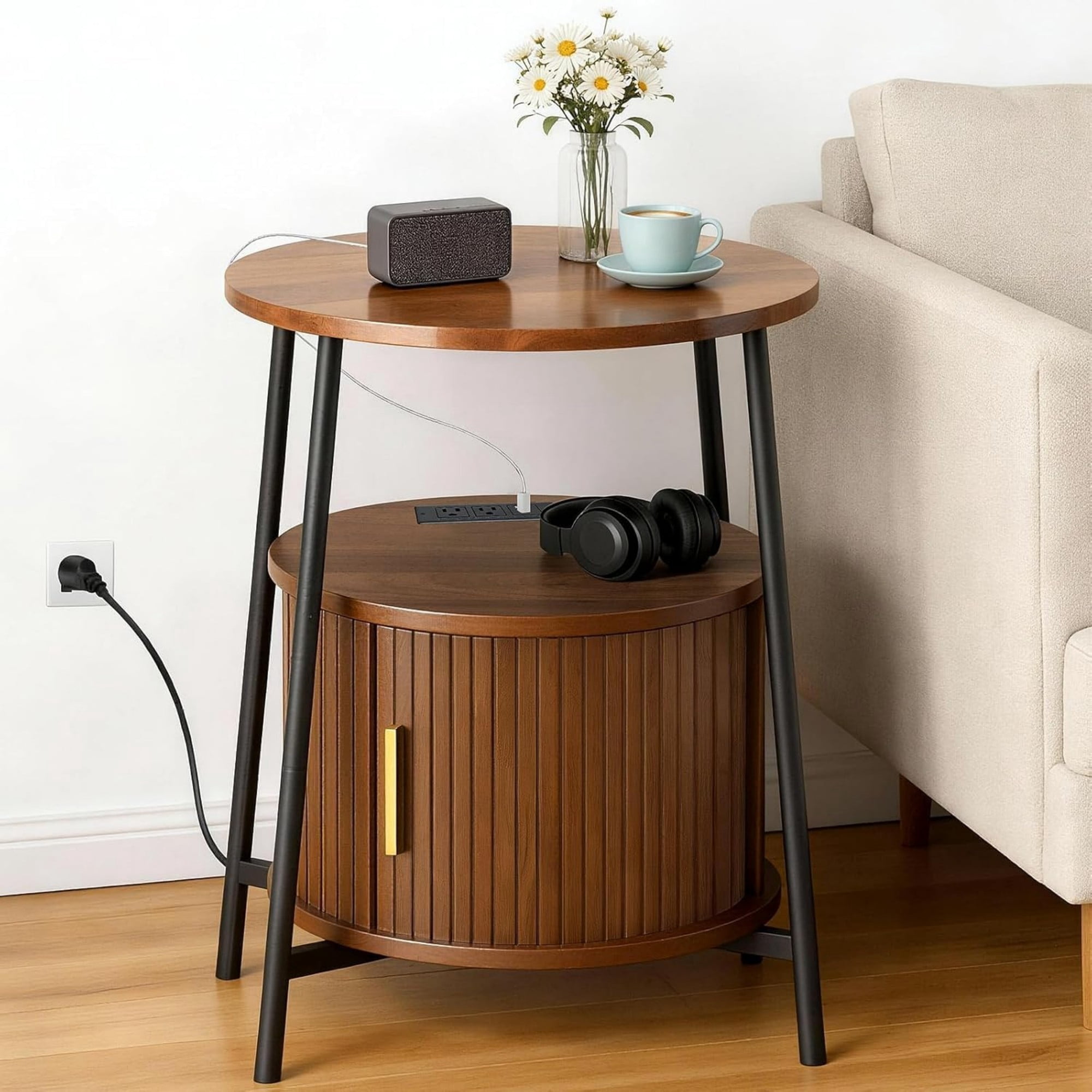 Round End Table with Charging Station, Fluted Side Table with Sliding Door, Mid Century Modern Nightstand for Bedroom & Living Room, Walnut