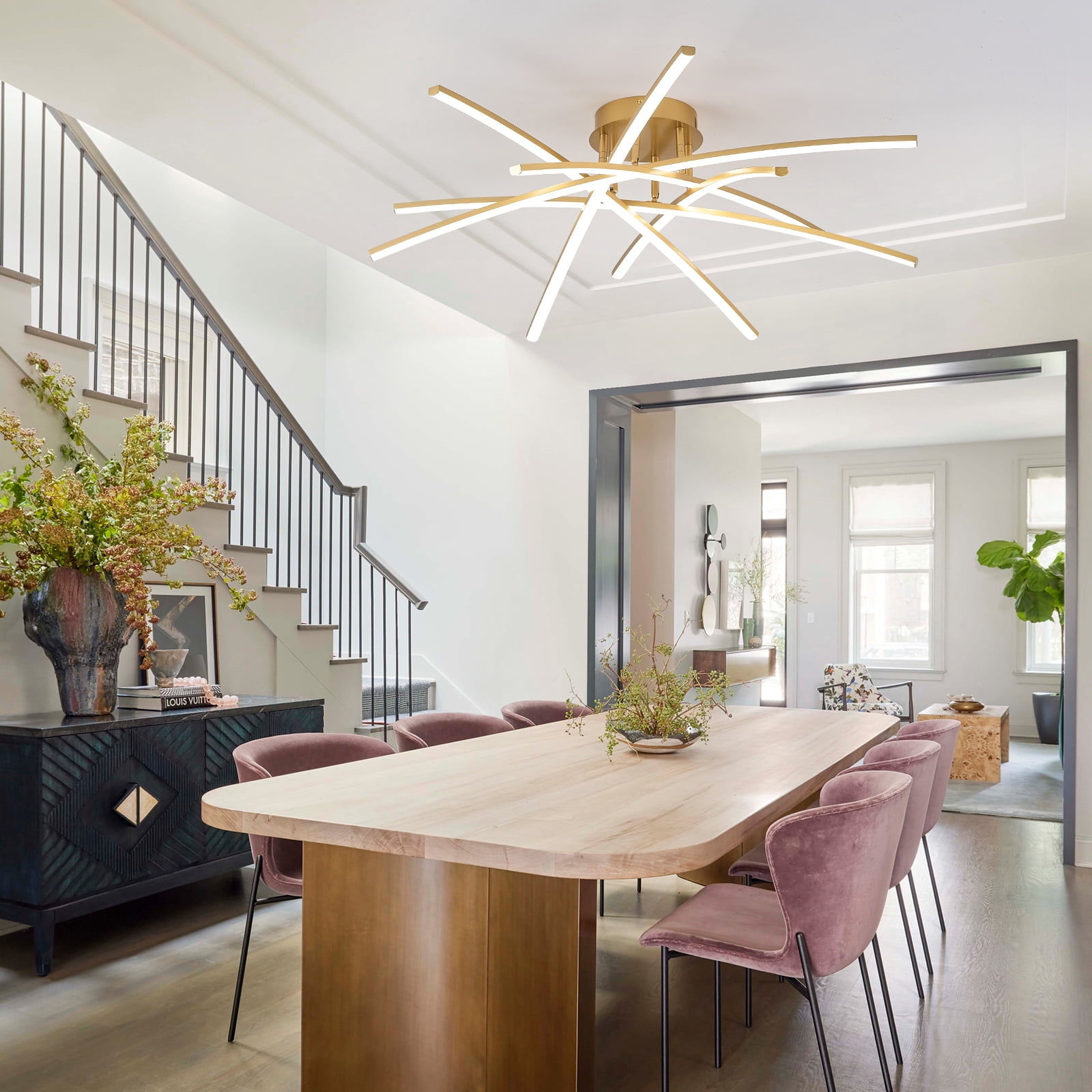 Gold LED Chandelier Semi Flush Mount Ceiling Light, 65W Remote Control Ceiling Lighting Fixture for Living Room Dining Room Kitchen Bedroom 32.8” Close to Ceiling Light Dimmable 3000K-6000K