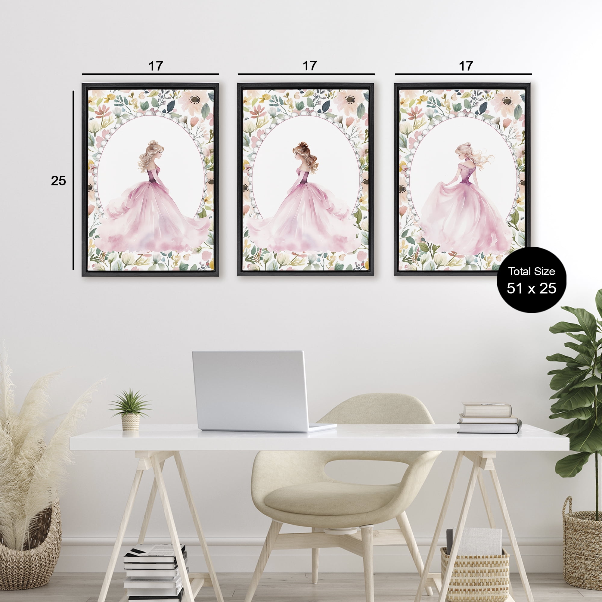 Stupell Industries Bordered Princess Love 3 Piece Black Framed Floater Canvas Set, design by Christine Simpson Art