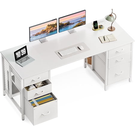 ODK 63 inch Office Desk with 6 Fabric Drawers & File Cabinets, Work from Home Computer Desk with Hidden Storage Stand, White