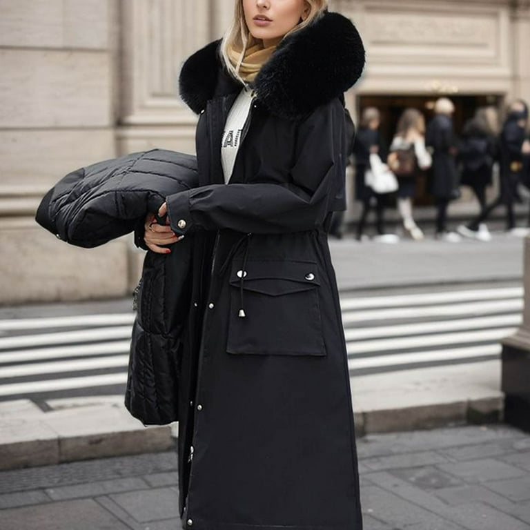 Plus Size Women's Black Long Puffer Jacket With Fur Hood