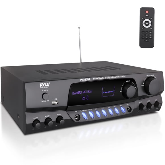 Pyle Wireless Bluetooth Power Amplifier System, 200 Watt Max, Home Theater Audio Stereo Receiver Box with FM/USB, Mic in, RCA Inputs, Echo & 2-Band E