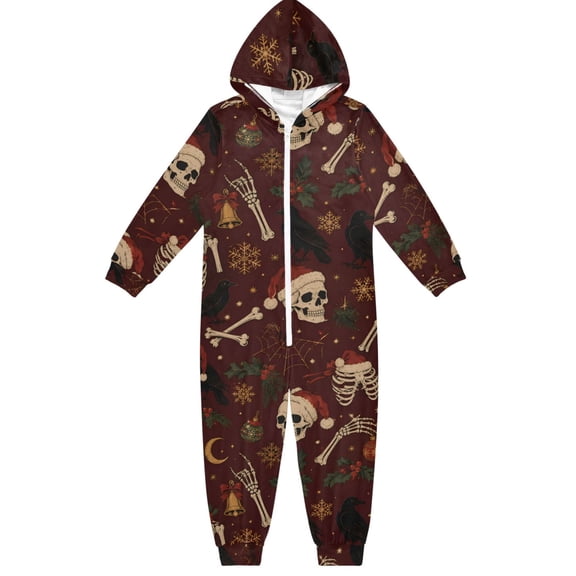 Skulls Skeletons Christmas Boys & Girls Hooded One-Piece Pajamas Warm Crystal velvet Hooded Long Sleeve Loungewear Jumpsuit Unisex