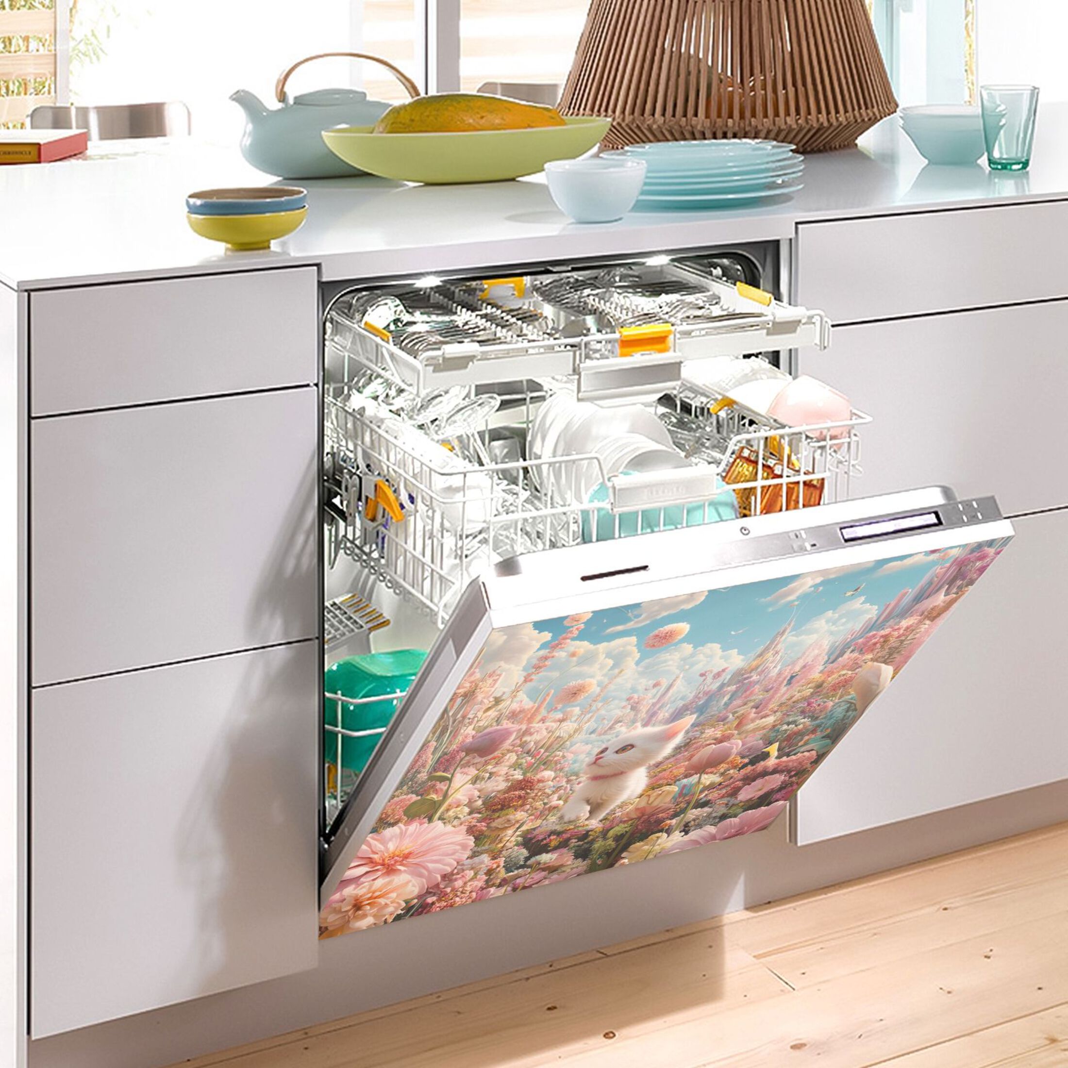 Dishwasher Magnetic Sticker 23x26 Inch Refrigerator Magnetic Sticker Washing Machine Magnetic Sticker Kitchen Panel Magnetic Sticker Home Decor Flower World Cat