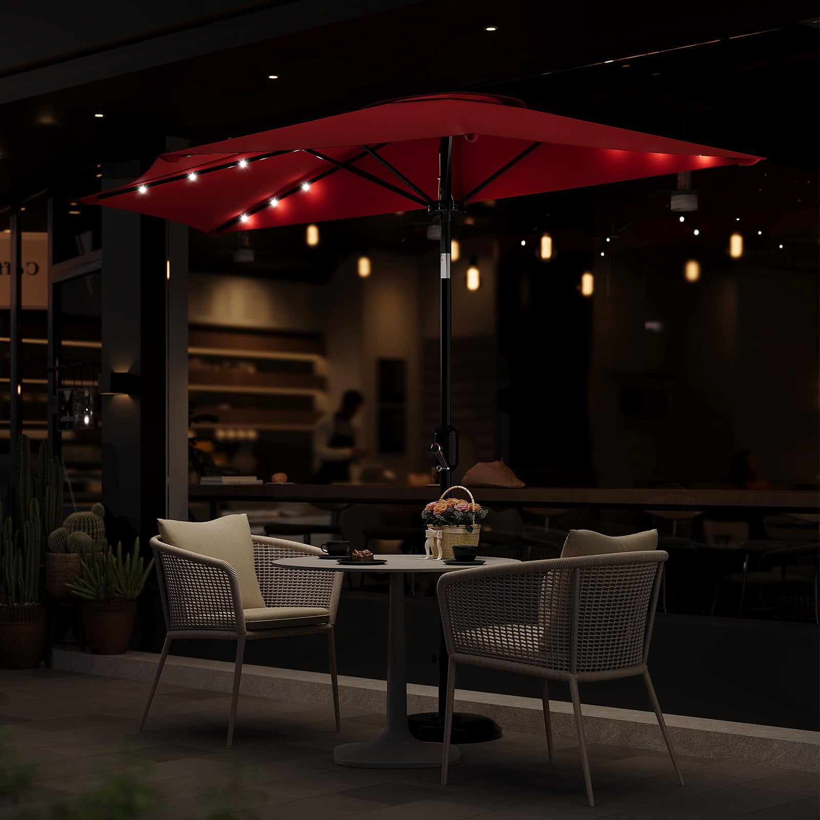 Senfot 9FT Half Patio Umbrella with Solar LED Lights, Smooth Crank Lift Outdoor Shade Canopy, UV Resistant for Patio Backyard Deck, Red