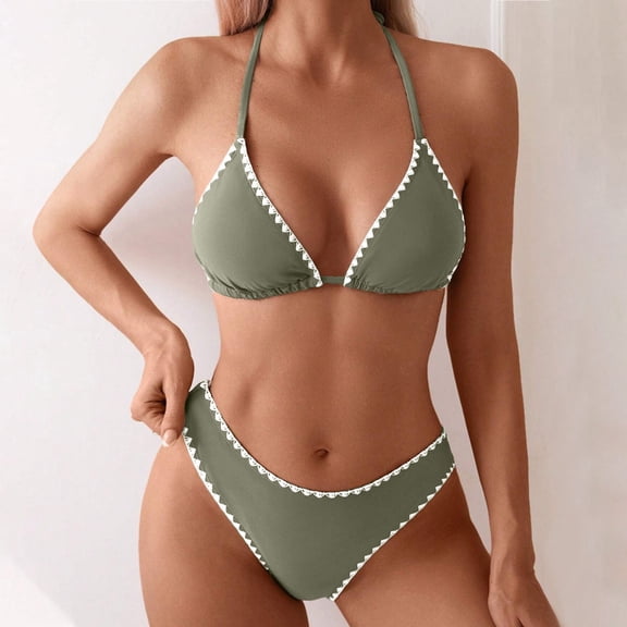 Pounoo Bikini Sets for Women Triangle Halter Neck Crochet Trim Top High Cut Bottom Summer Beach Pool Swimwear Matching Outfits