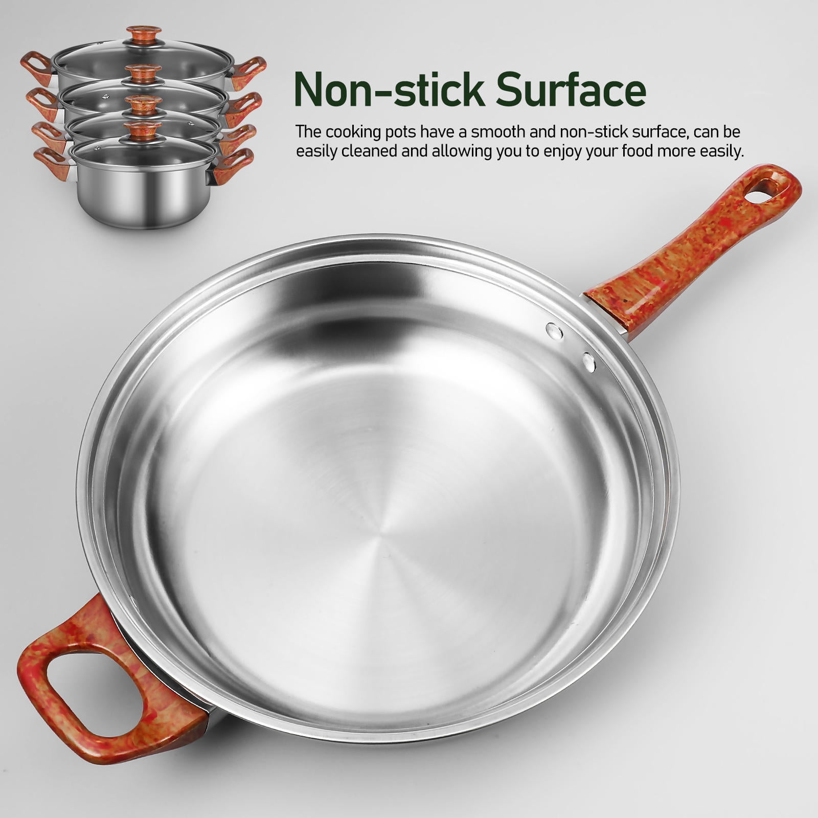 ETHZZLE Nonstick Stainless Steel Cookware Set with Wood Grain Handles, Pots and Pans for Everyday Versatile Cooking