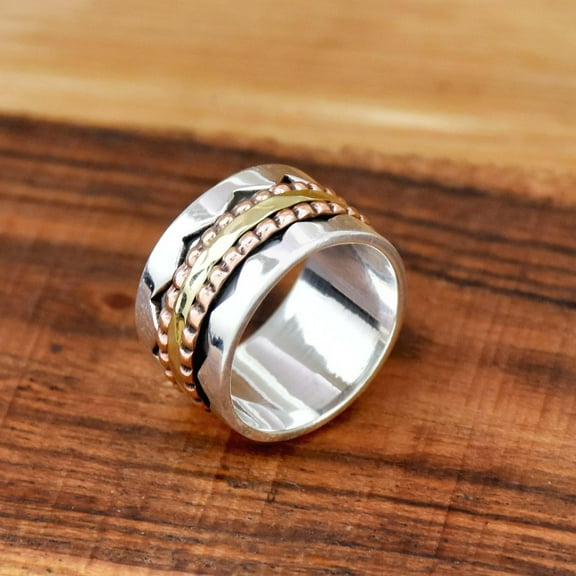 SS DESIGNS Spinner Ring, 925 Sterling Silver, Two Tone Ring, Beaded Ring, Wide Band Ring, Worry Ring Triple Spinning Ring Anxiety Ring Gift For Her