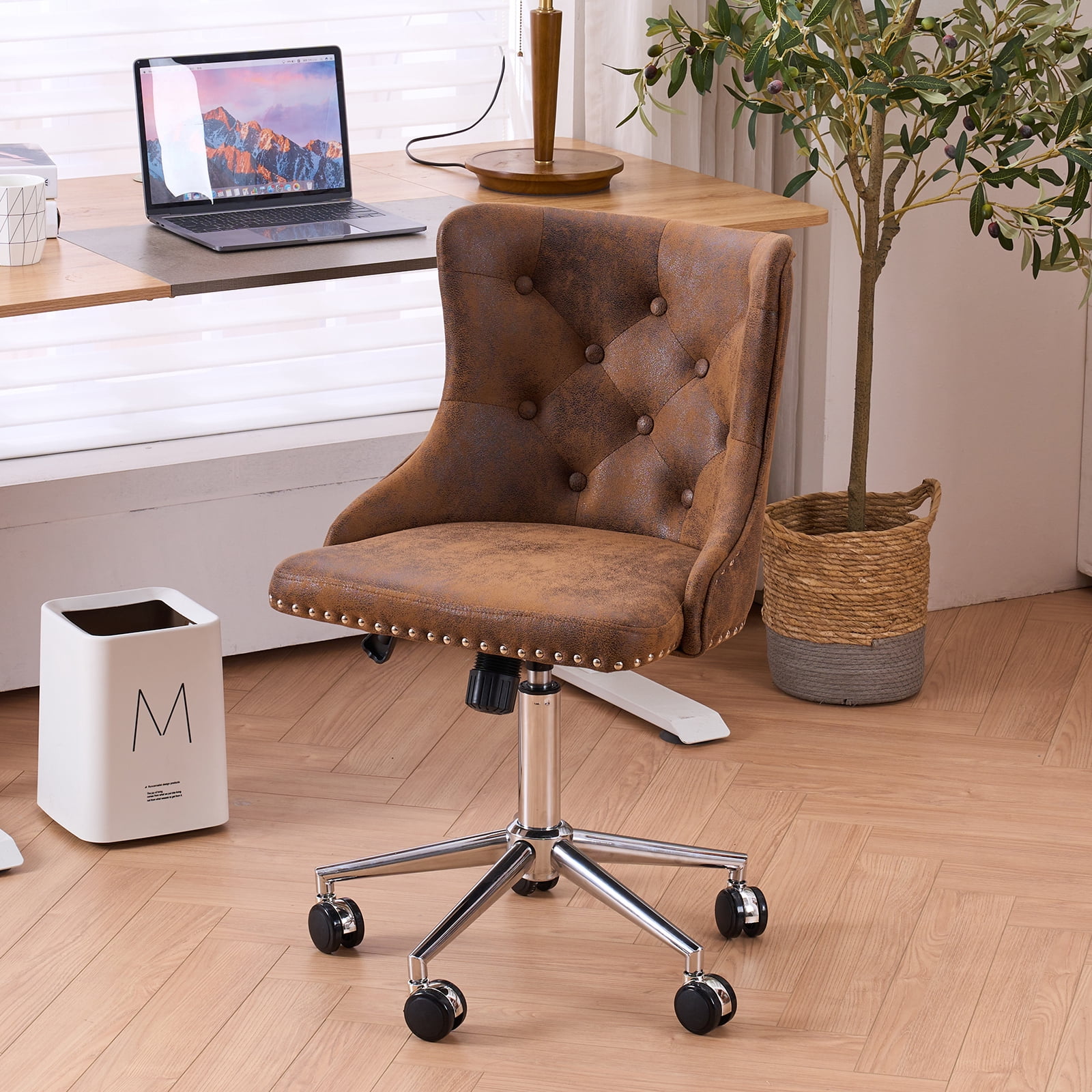 UBesGoo Armless Office Chair Suede Fabric Computer Task Chair Adjustable Swivel Vanity Chair with Ergonomic Backrests and Wheels for Conference and Home Brown & Sliver