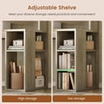 thumbnail image 5 of SEDETA L Shaped Desk with Hutch, Farmhouse Computer Desk with Drawers, Sliding Doors, Open Shelves, Corner Home Office Desk with Power Outlets & LED Lights, Wood Writing Desk, Grey, 5 of 8