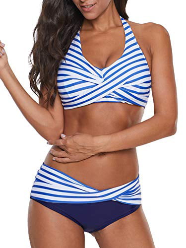 Yanekop Womens Two Piece High Waisted Swimsuits Push Up Halter Bikini Striped Padded Bathing Suits 