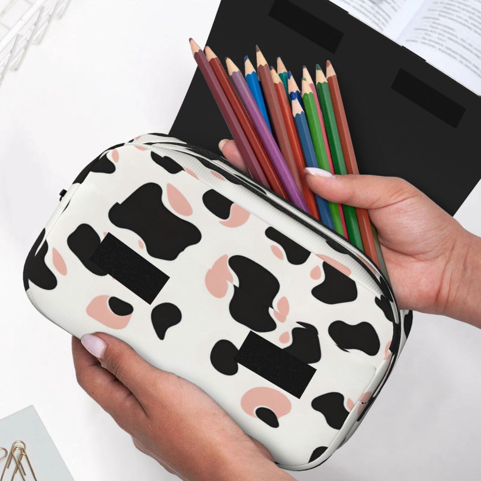 Large-Capacity Flip-Top Double-Layer Pencil Case, Multi-Functional Pocket Pen Case, Durable Stationery Organizer Simple Cow Print Pattern White Background, Pink And White_2
