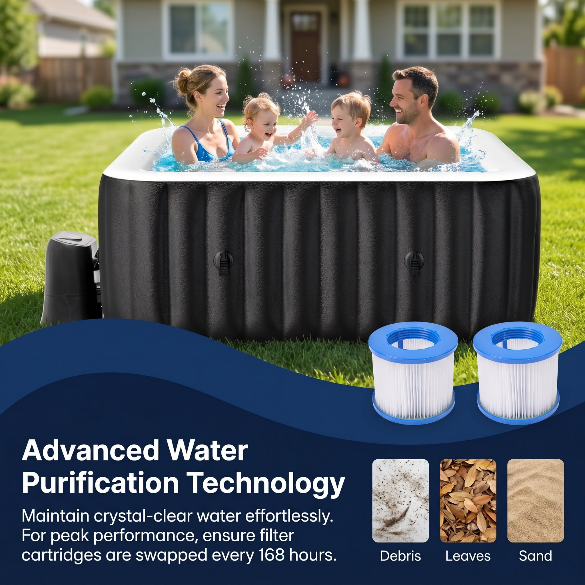 Ficisog Air Jet Inflatable Hot Tub for 2-4 Person, Portable Outdoor Blow Up Tub with Heater Pump and Insulated Cover, Square Family SPA Hot Tub, 185 Gallons, 110 Soothing Jets, 60" L X 60" W X 25" H