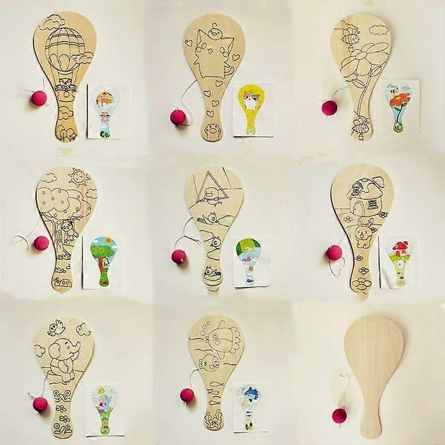 8pcs Wooden Paddle Craft for Kids - Unfinished Table Tennis Racket Painting and Coloring Blank Paddle Ball Toy for Creative Art Projects and Family Fu