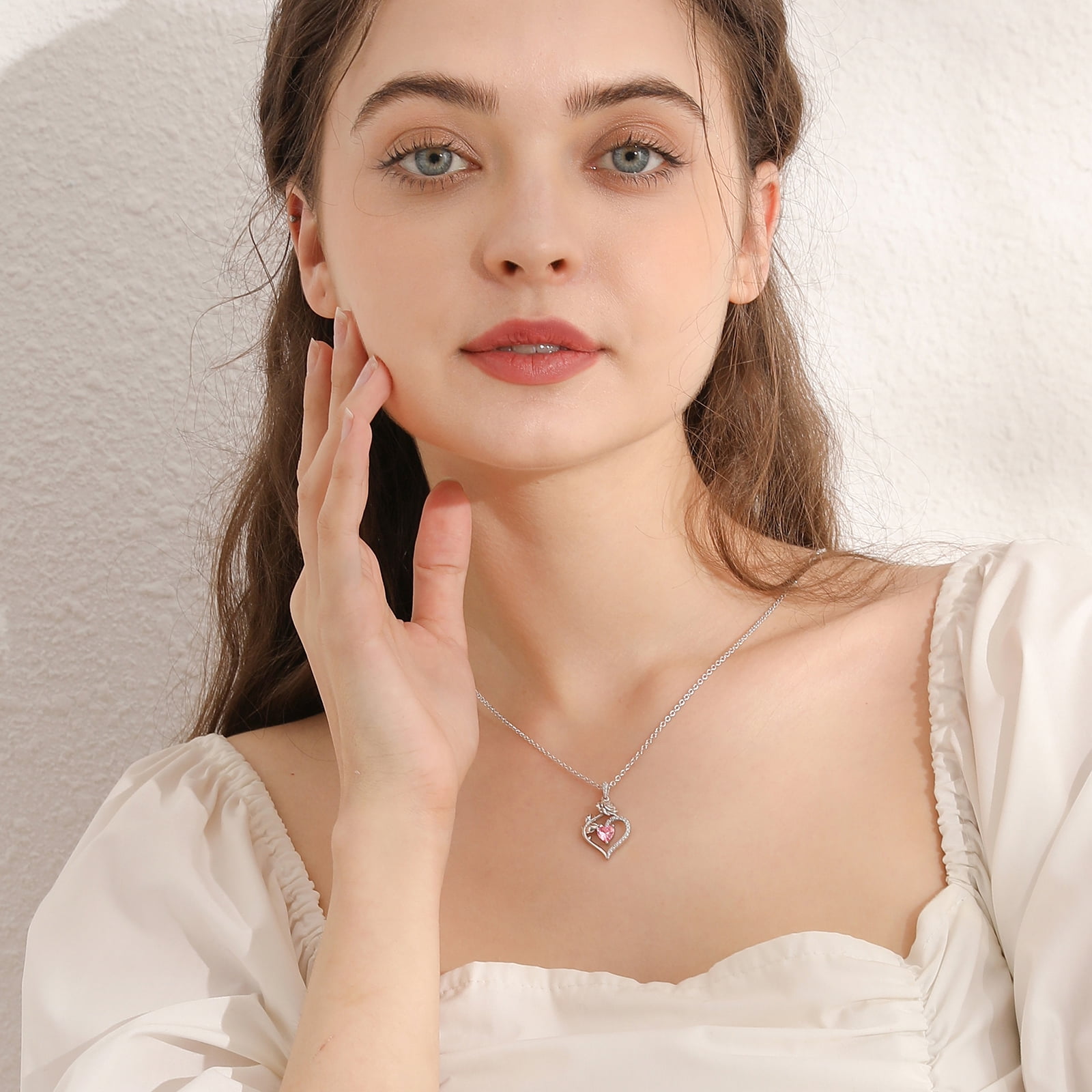 Beautlace 925 Sterling Silver Birthstone Necklace Rose Flower Heart Pendant Jewelry Christmas Valentines Mother's Day Gifts for Women Mom Wife/Lover