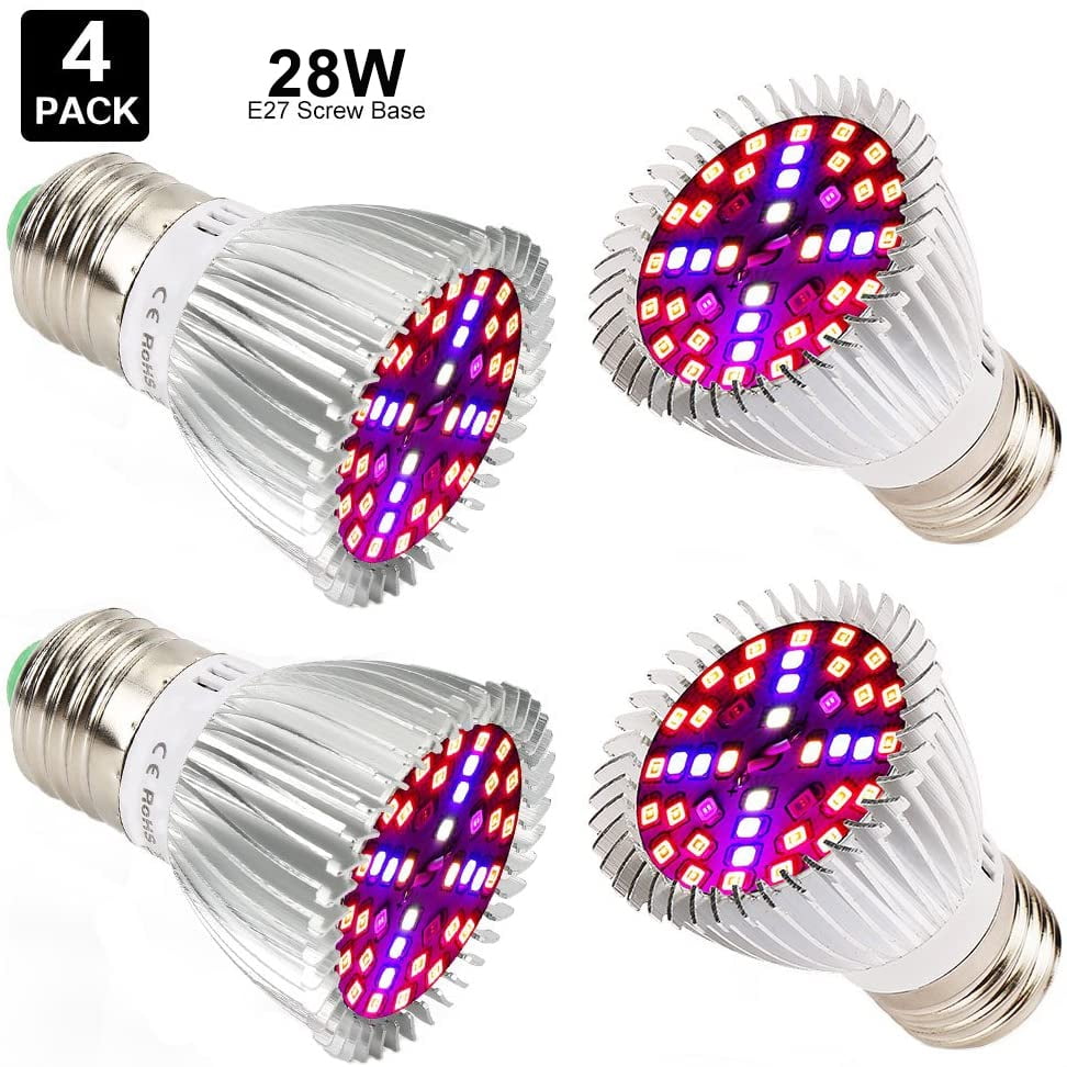 4 Pack 28W Full Spectrum LED Grow Light Bulbs E26, Grow Lamp Plant